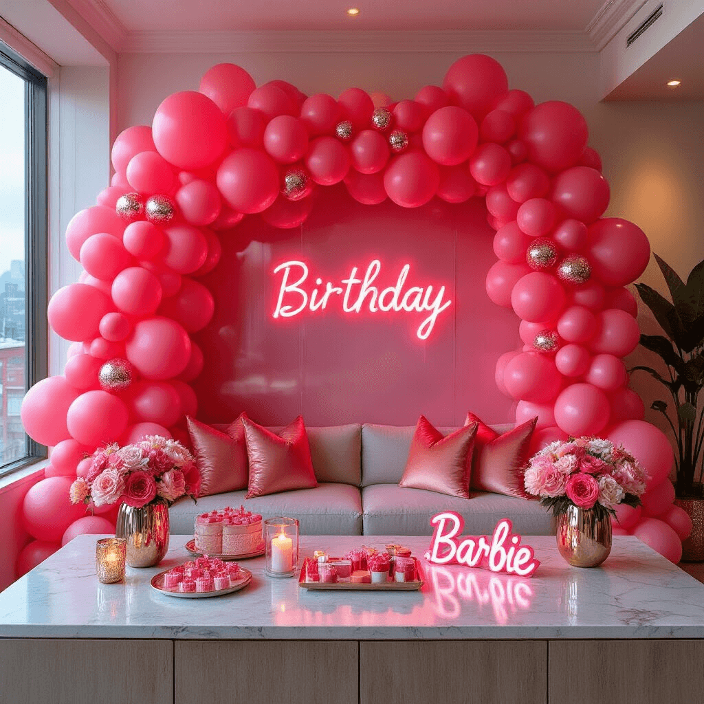 Pink Balloons Aesthetic: The Ultimate Guide to Creating Instagram-Worthy Celebrations A chic modern apartment transformed for a birthday celebration, featuring a vibrant hot pink balloon installation against a shimmering backdrop, with a marble countertop displaying party favors, neon signage, and contemporary furniture accented with coral silk pillows, all captured from an overhead angle during a candlelit evening.