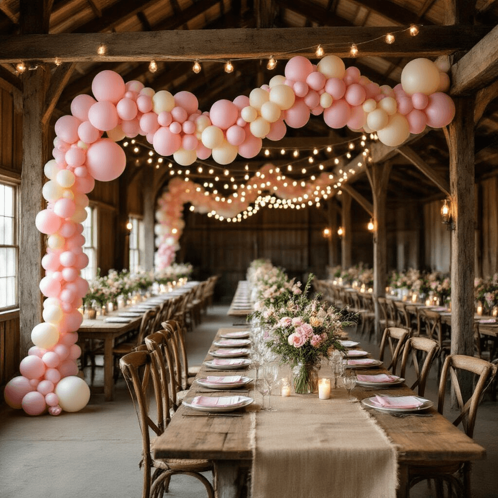 Pink Balloons Aesthetic: The Ultimate Guide to Creating Instagram-Worthy Celebrations A rustic barn venue adorned with fairy lights at night, featuring a pink balloon garland intertwined with wooden beams, farm tables with burlap runners and wildflower centerpieces in mason jars, vintage wooden chairs, and scattered candles, creating a cozy and romantic atmosphere for a wedding celebration.