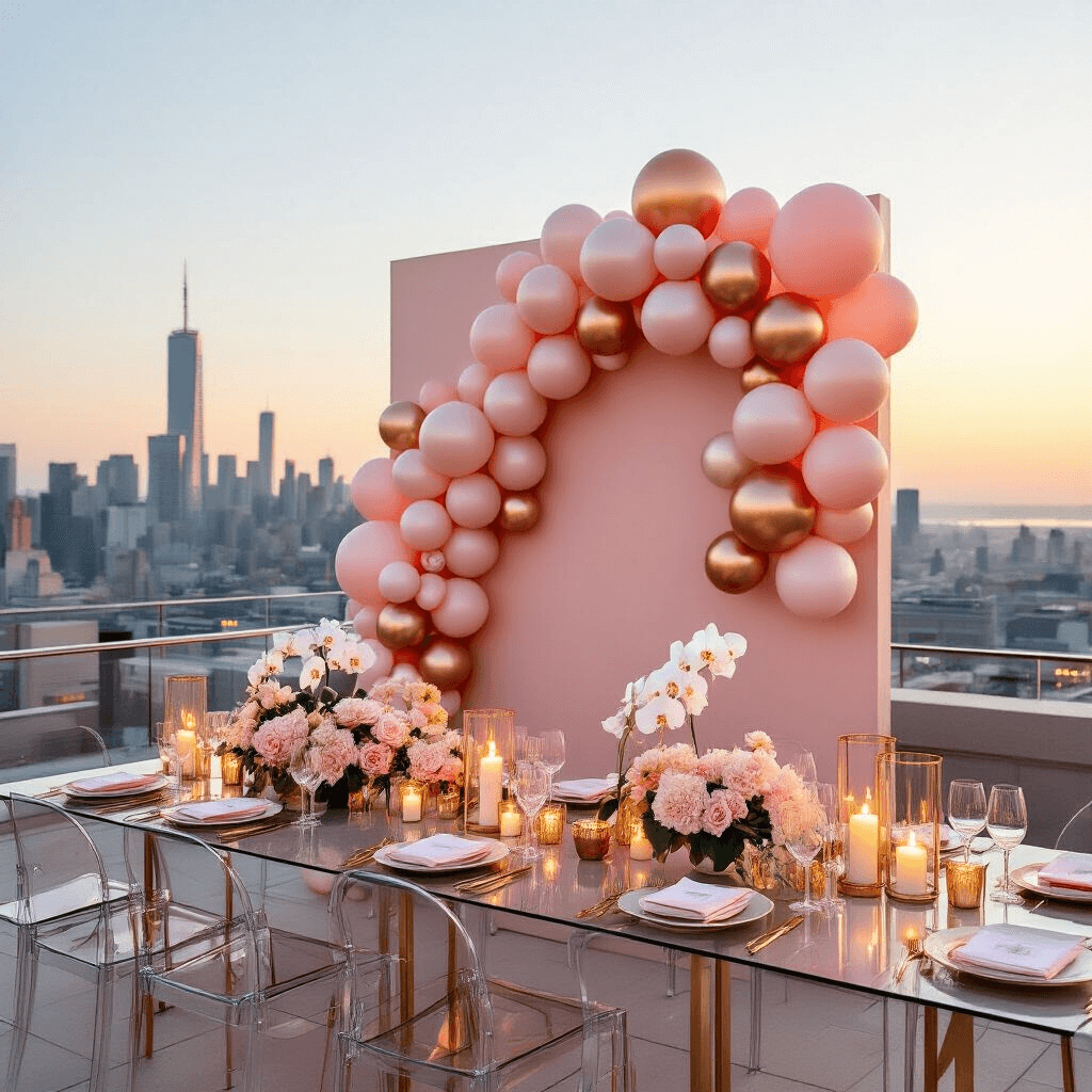 Pink Balloons Aesthetic: The Ultimate Guide to Creating Instagram-Worthy Celebrations A stunning rooftop terrace at golden hour featuring a sophisticated pink balloon wall installation, accented by matte blush, metallic rose gold, and pearl finish balloons. Low acrylic tables with gold accents display elegant place settings and fresh orchids, with flowing ivory linens and twinkling fairy lights as day turns to evening, creating a chic and intimate celebration space against a city skyline backdrop.
