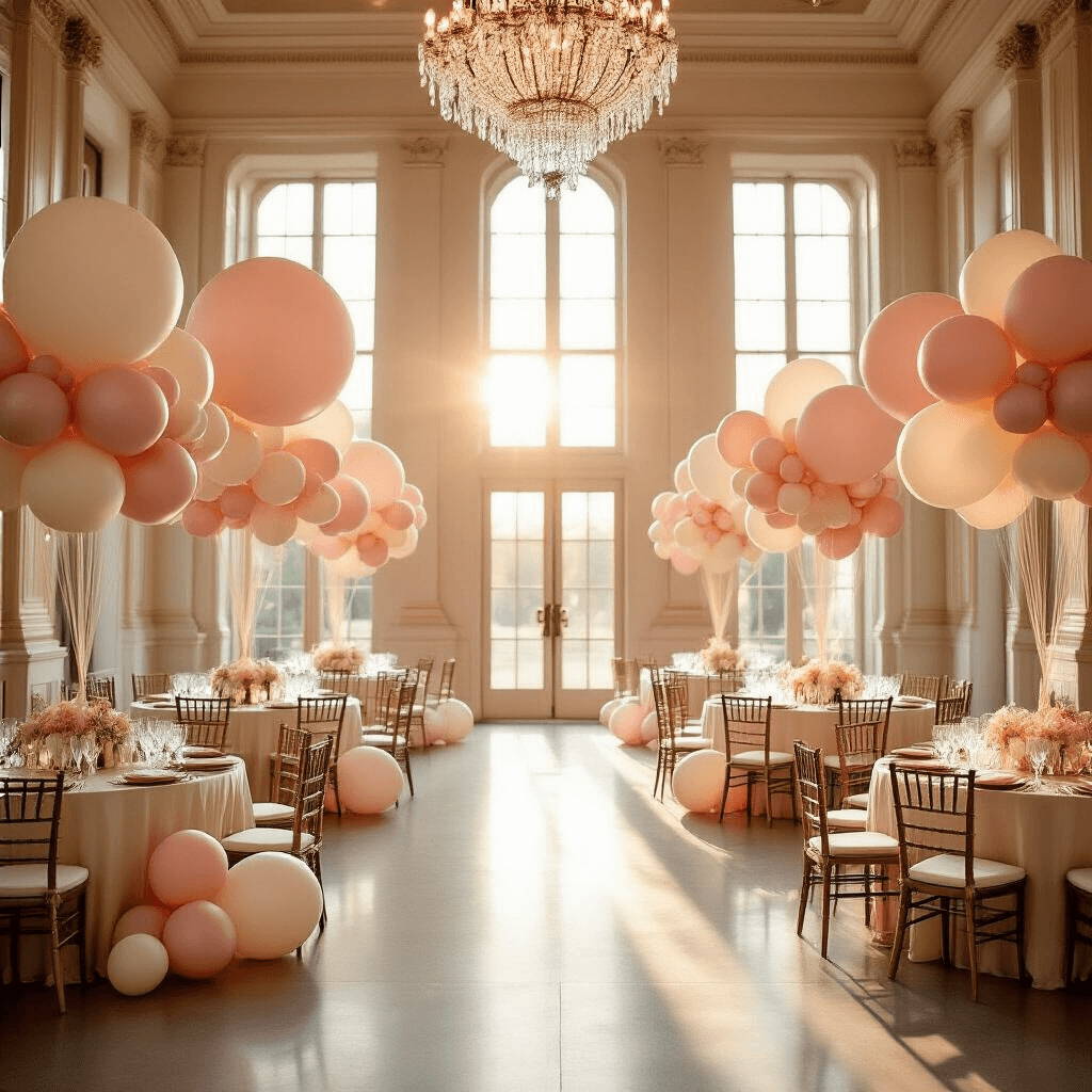 Bride Balloons: The Ultimate Wedding Decor Magic That'll Make Your Special Day Unforgettable Elegant indoor ballroom wedding venue at golden hour, featuring sophisticated balloon displays in blush pink, ivory, and champagne. Soft sunlight through tall windows, round tables with silk ivory linens, and balloon archways create a luxurious atmosphere, illuminated by crystal chandeliers.