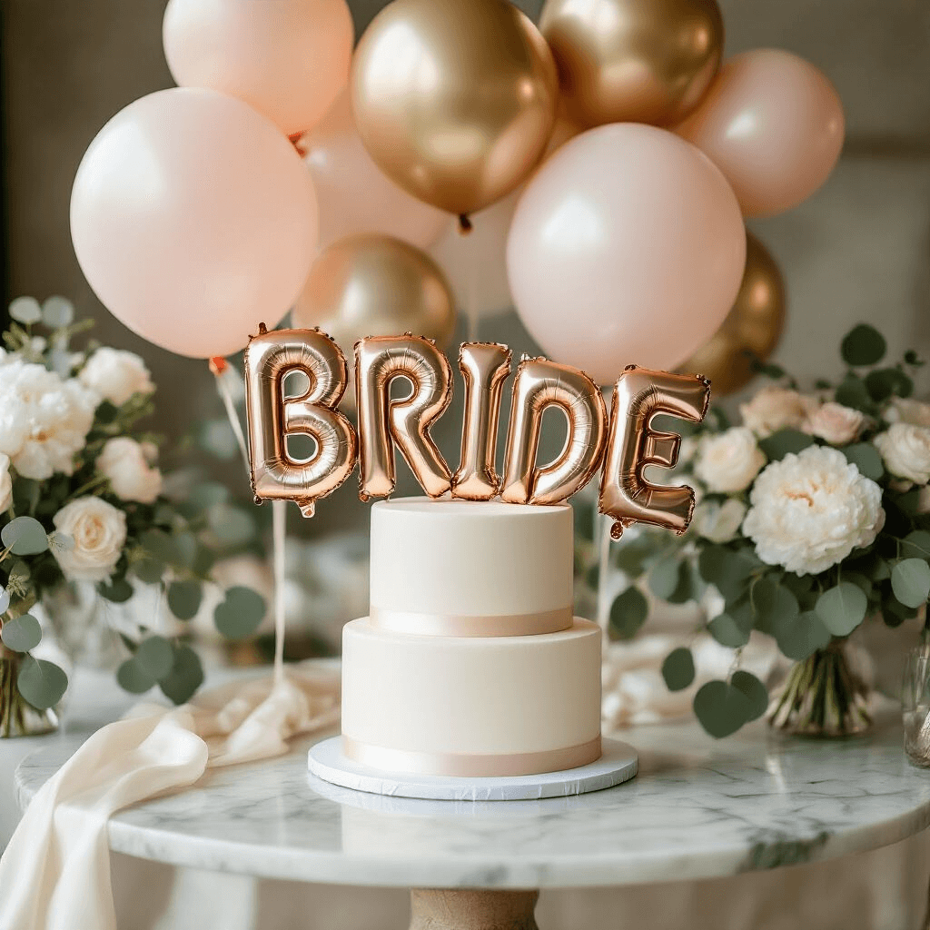 Bride Balloons: The Ultimate Wedding Decor Magic That'll Make Your Special Day Unforgettable Close-up of a wedding cake table with blush pink and champagne latex balloons alongside gold foil balloons spelling 'BRIDE', accented by transparent balloons, silk ivory table runners, fresh white peonies, and eucalyptus garlands, all captured in soft morning light.