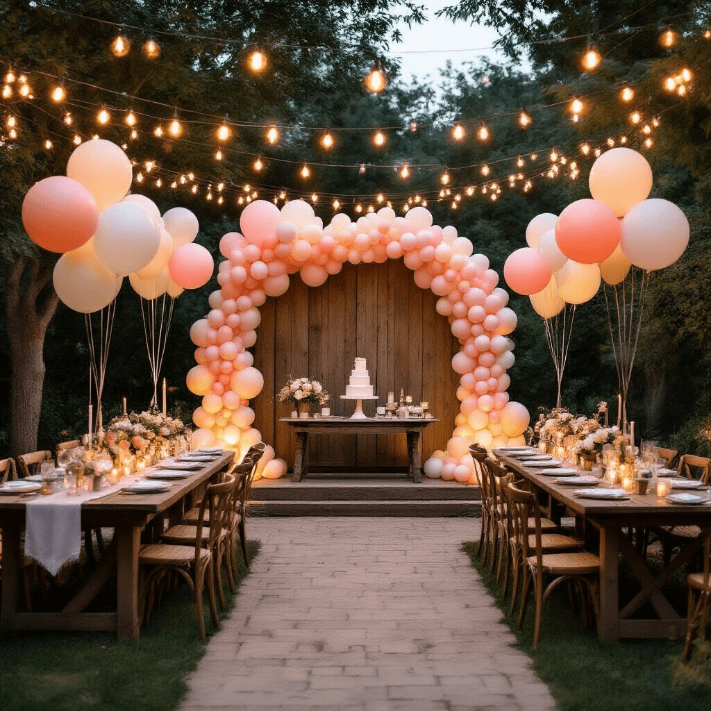 Bride Balloons: The Ultimate Wedding Decor Magic That'll Make Your Special Day Unforgettable Cinematic wide shot of a stylish backyard wedding with ambient fairy lights, featuring budget-friendly balloon arrangements in soft pastels, metallic accents, and a rustic altar; creates an elegant atmosphere with intimate dining setups and creative decor that showcases cost-effective wedding styling.