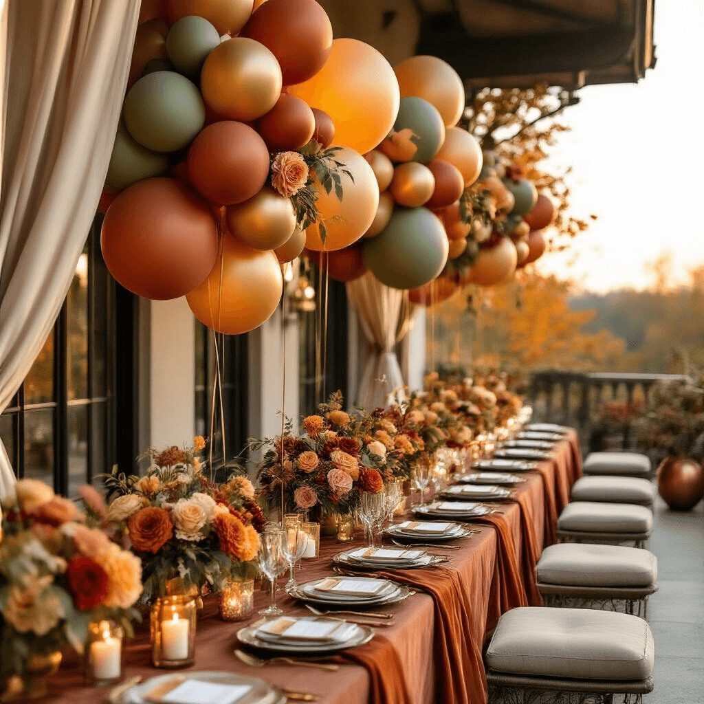 Bride Balloons: The Ultimate Wedding Decor Magic That'll Make Your Special Day Unforgettable Detail shot of a fall wedding terrace display featuring layered balloon arrangements in terracotta, sage green, and gold, complemented by autumn florals and candle groupings, all set during golden hour with warm lighting.