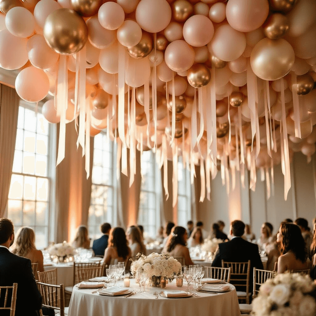 Ceiling Balloons: The Ultimate Guide to Stunning Event Decor Wide-angle shot of an elegant ballroom adorned with a canopy of blush pink, cream, and metallic gold balloons overhead, with round tables dressed in ivory silk linens set for a wedding reception, featuring crystal glassware and white rose centerpieces, bathed in warm golden hour sunlight.
