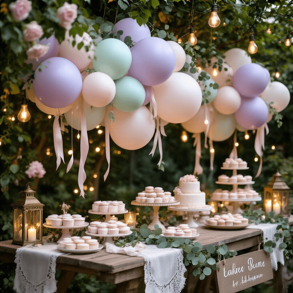 Ceiling Balloons: The Ultimate Guide to Stunning Event Decor Close-up detail of a dreamy garden baby shower at night, featuring pastel balloon arrangements, vintage wooden tables adorned with lace runners and eucalyptus garlands, antique brass lanterns, and a tiered display of macarons and floral cupcakes, all illuminated by soft fairy lights.