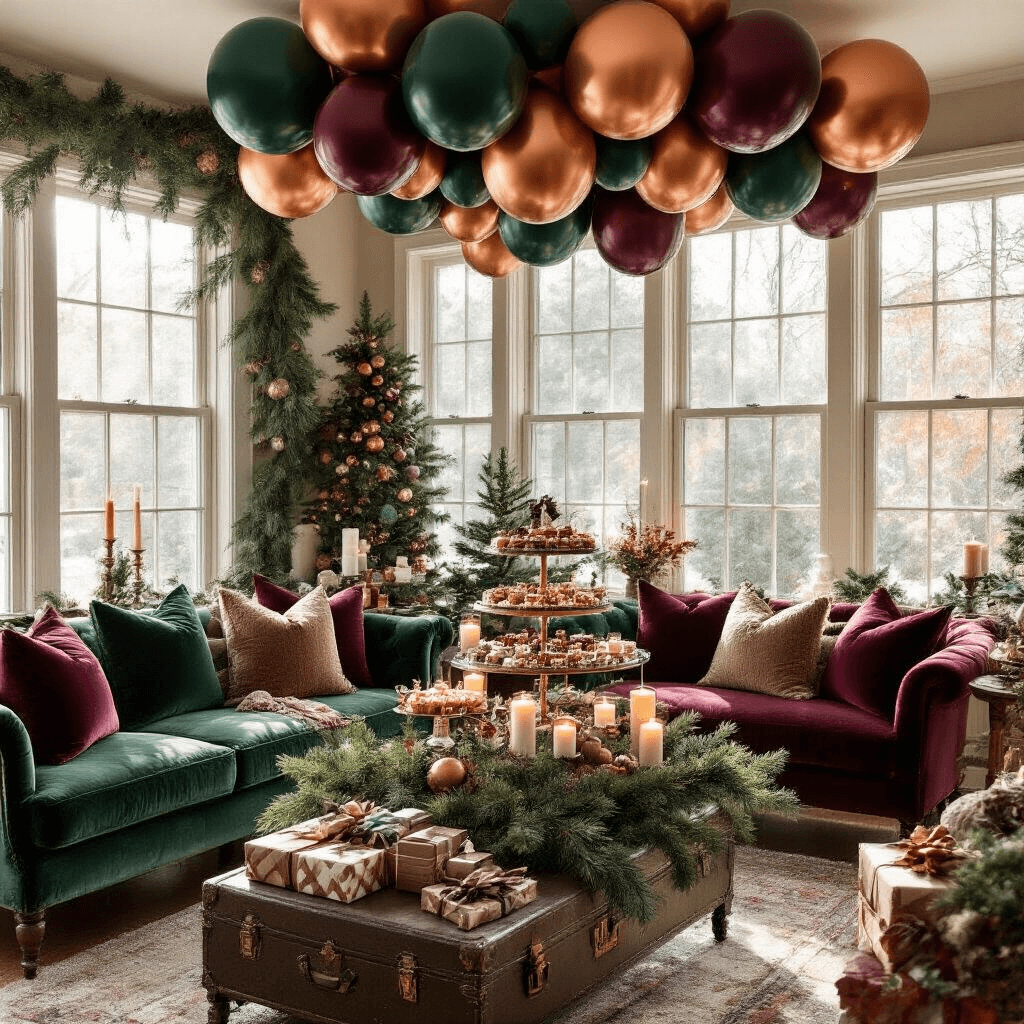 Ceiling Balloons: The Ultimate Guide to Stunning Event Decor Cozy holiday living room party with vintage velvet furniture, rustic wooden elements, and a festive balloon installation in deep forest green, burgundy, and metallic copper, featuring a styled dessert cart, wrapped gifts, evergreen centerpieces, and warm candlelight.