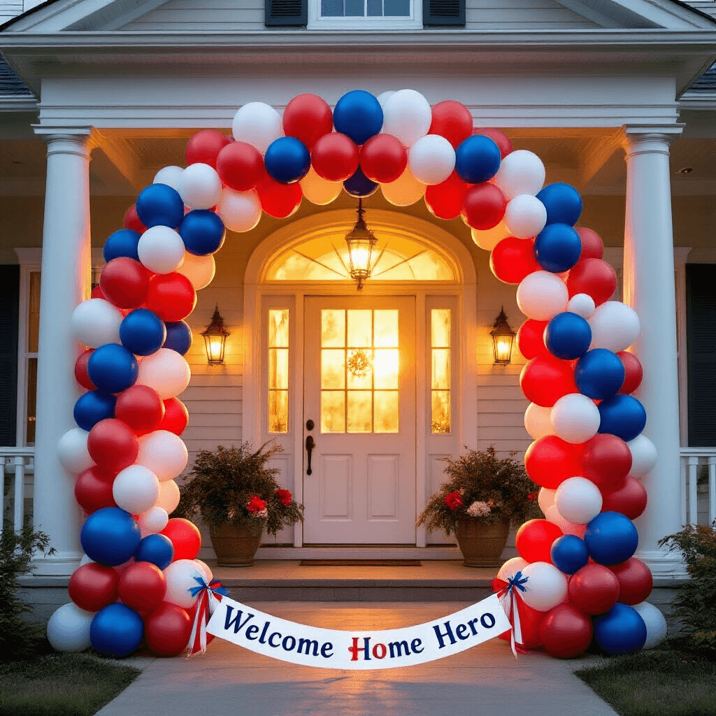 Welcome Home Celebrations: Balloon Decorations that Wow! Wide-angle shot of a festive balloon arch in red, white, and blue framing a front door, adorned with a 'WELCOME HOME HERO' banner, with soft golden hour sunlight illuminating the scene, featuring a charming suburban home with white columns and potted plants.