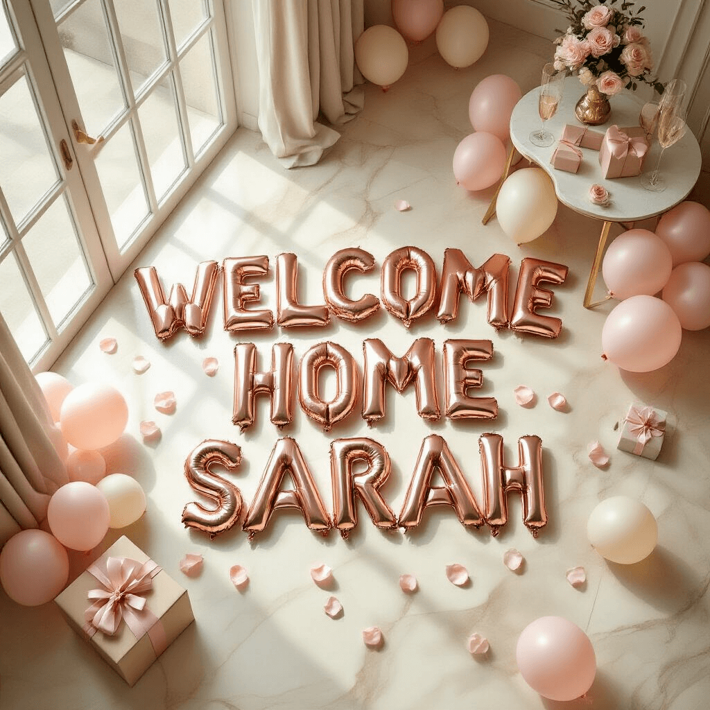 Welcome Home Celebrations: Balloon Decorations that Wow! Overhead view of a welcoming setup spelling 'WELCOME HOME SARAH' with large rose gold letter balloons on a cream marble floor, featuring blush pink and ivory latex balloons, rose petals, a table of wrapped gifts, and a champagne arrangement, all in soft morning light.