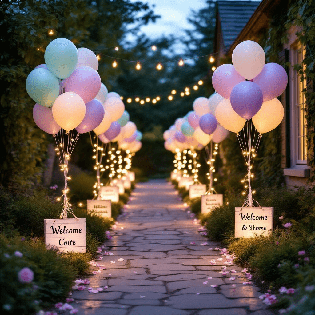 Welcome Home Celebrations: Balloon Decorations that Wow! Close-up detail of a whimsical balloon pathway in pastel colors lined with fairy lights, leading to a cozy ivy-covered cottage, adorned with personalized welcome signs and flower petals along the stone walkway.