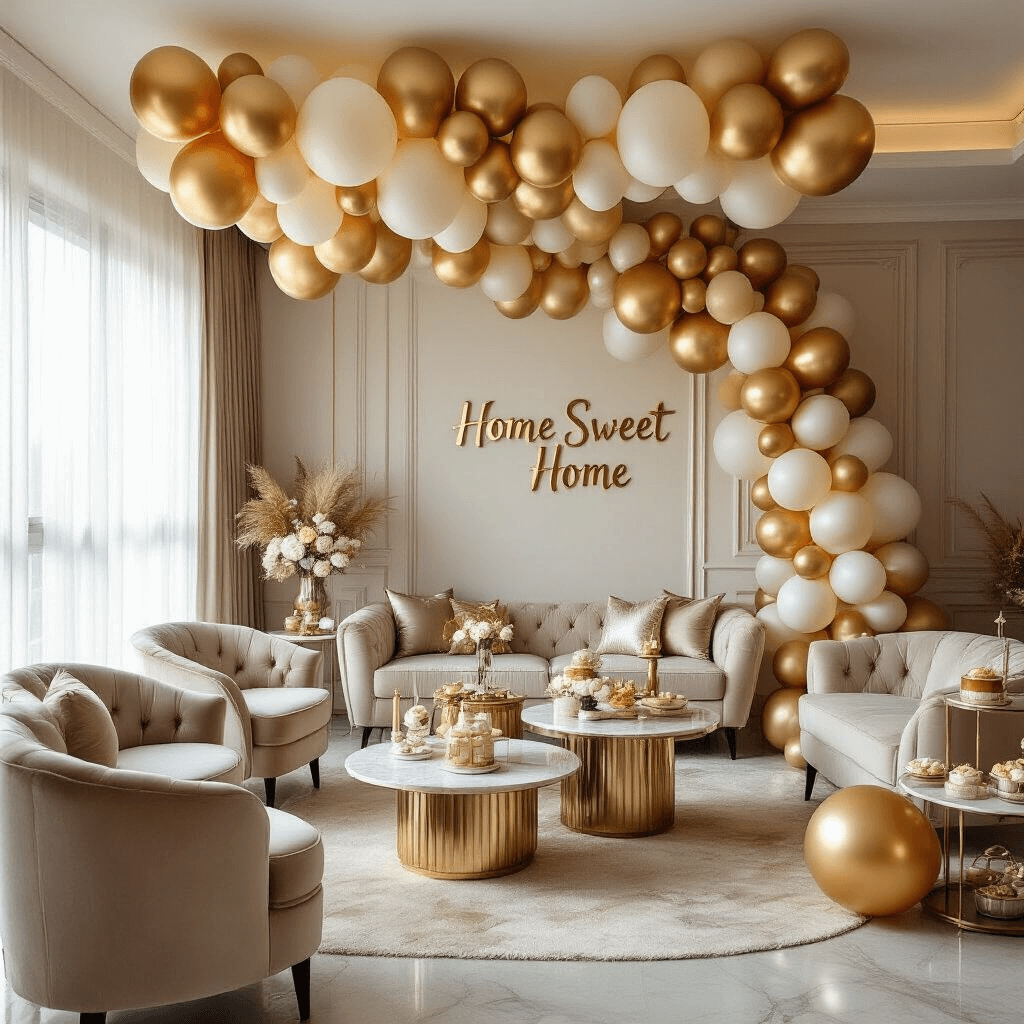 Welcome Home Celebrations: Balloon Decorations that Wow! Cinematic wide shot of an elegant living room decorated with budget-friendly metallic gold, ivory, and champagne balloons, showcasing plush velvet furniture, a marble coffee table with balloon-themed centerpieces, sheer curtains filtering soft afternoon light, and a dessert cart featuring a 'HOME SWEET HOME' balloon banner.