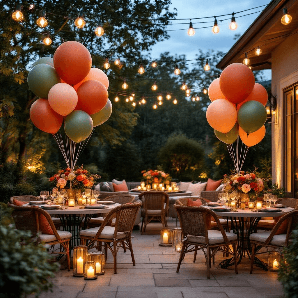 Welcome Home Celebrations: Balloon Decorations that Wow! Moody outdoor balloon celebration setup on a stylish patio, featuring terracotta and sage green balloons, cozy seating with cushions, round bistro tables with candle centerpieces, and string lights creating a festive ambiance.