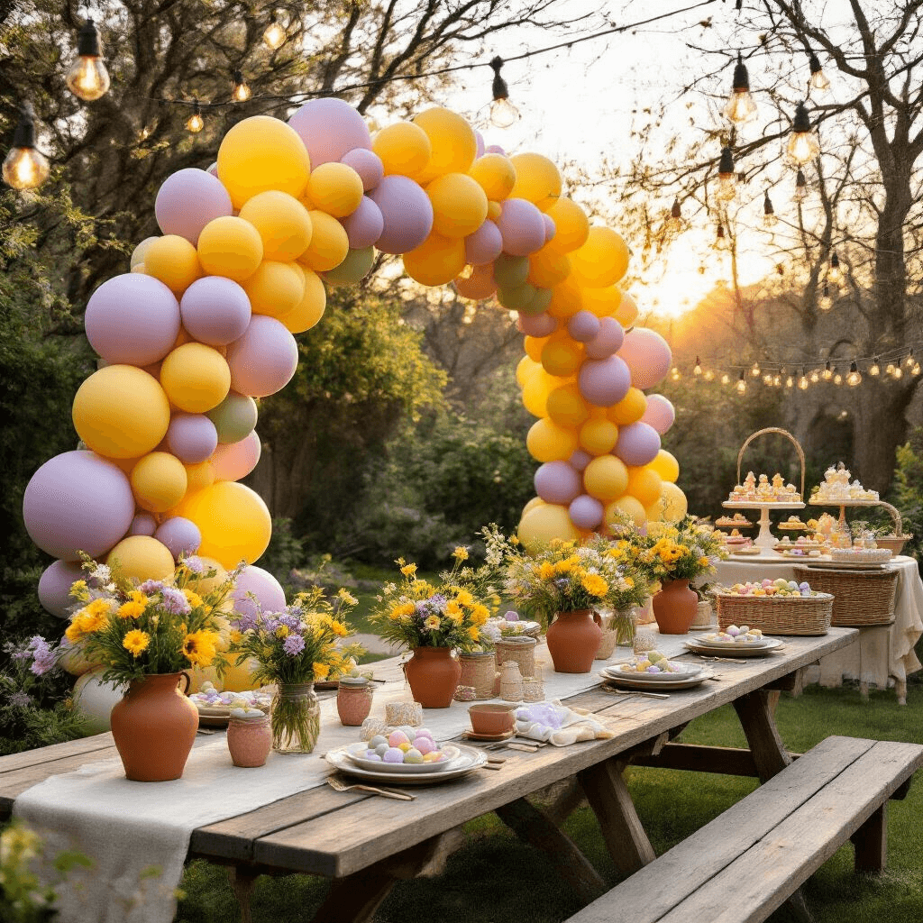 Easter Balloon Decor: The Ultimate Guide to Festive Spring Celebrations Cinematic backyard garden party during golden hour with rustic picnic tables, terracotta and sage green balloon arrangements, wildflowers in mason jars, a dessert cart under a balloon arch, and twinkling string lights, creating a magical atmosphere.
