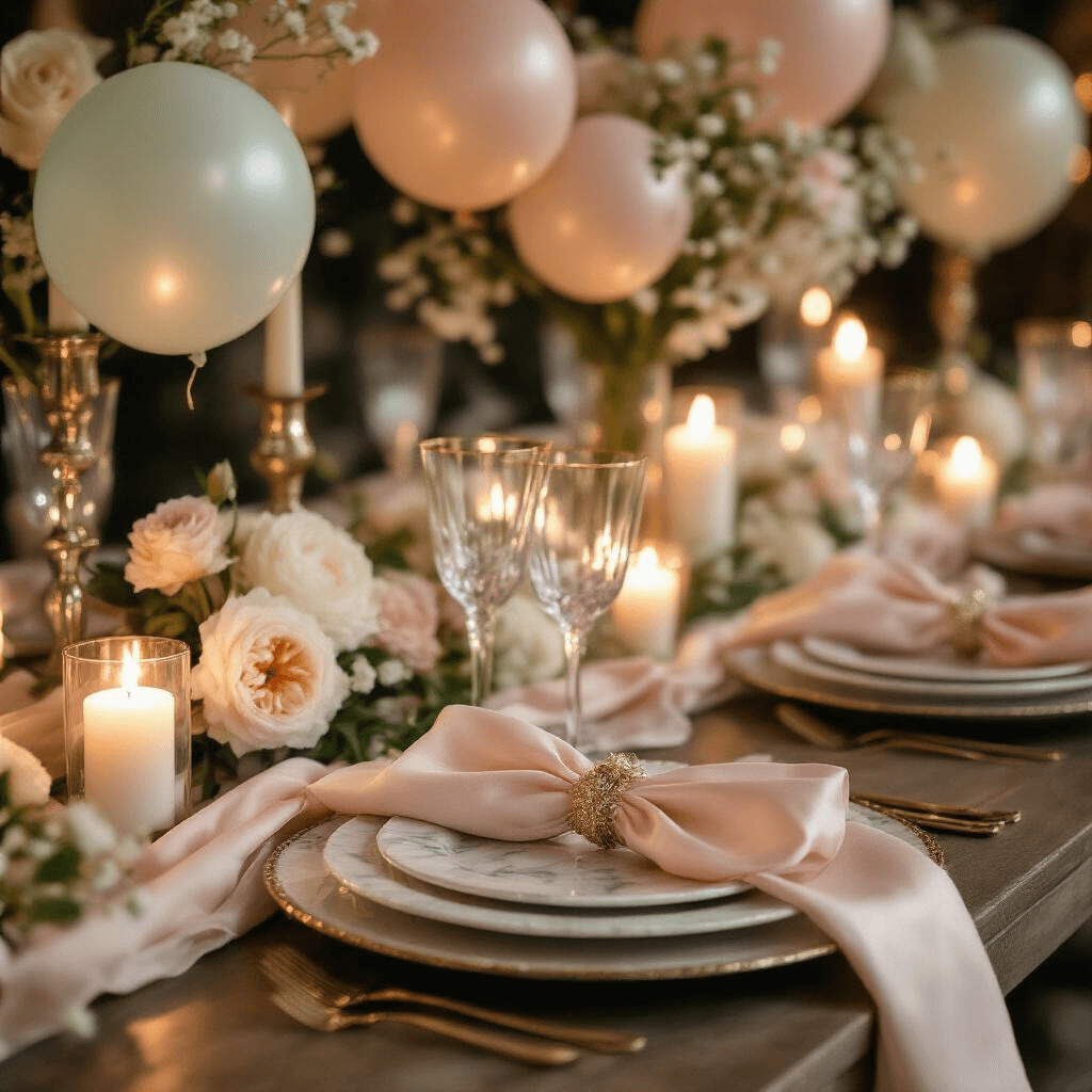 Easter Balloon Decor: The Ultimate Guide to Festive Spring Celebrations Close-up detail of an elegant Easter dining table with marble charger plates, crystal stemware, and silk blush pink napkins, featuring balloon centerpieces in cream and soft mint, fresh peonies and baby's breath, and glowing pillar candles, all set in a soft candlelit ambiance.