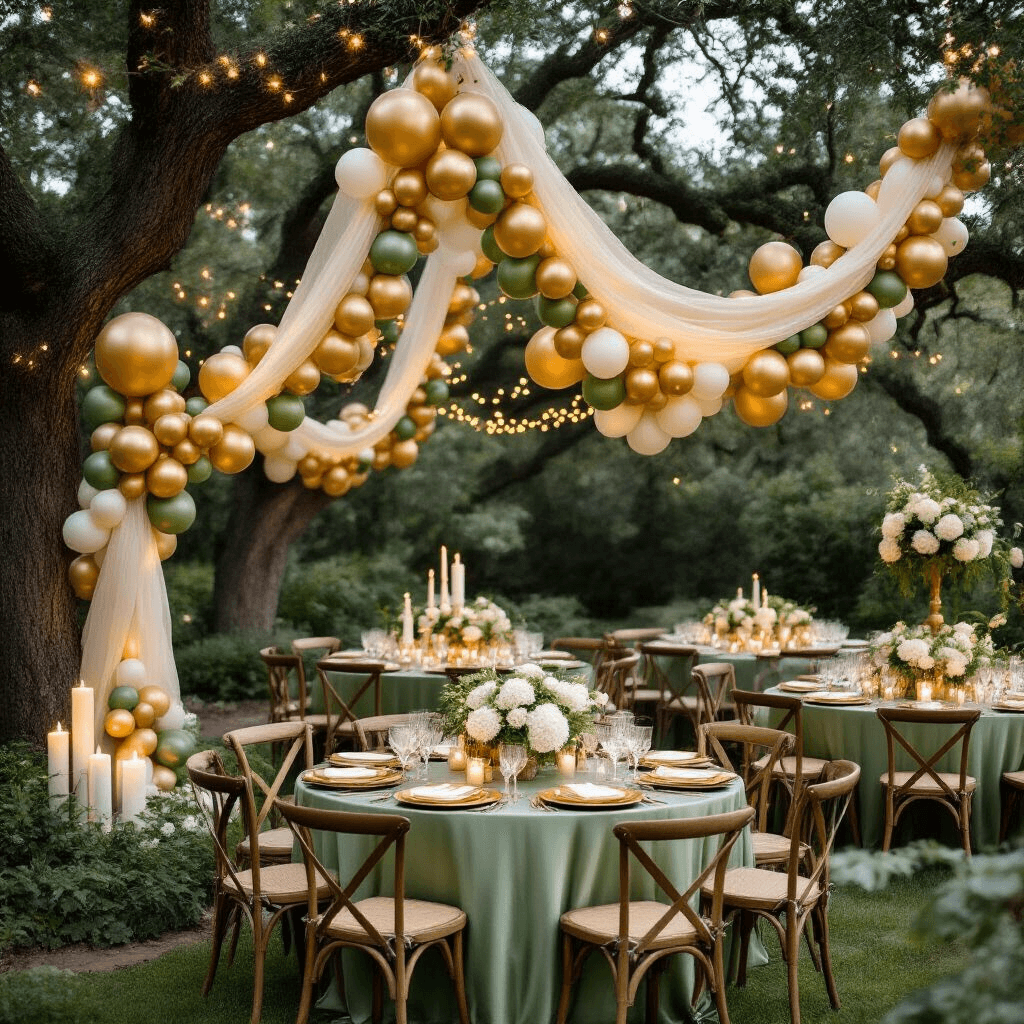 Gold Balloon Decorations: The Ultimate Guide to Glamorous Event Styling Whimsical garden party with gold balloon garlands between oak trees, draped in fairy lights; sage green silk table linens, gold charger plates, and vintage glassware on round tables; wooden crossback chairs, pillar candles, and fresh white hydrangeas adding to the enchanting atmosphere.