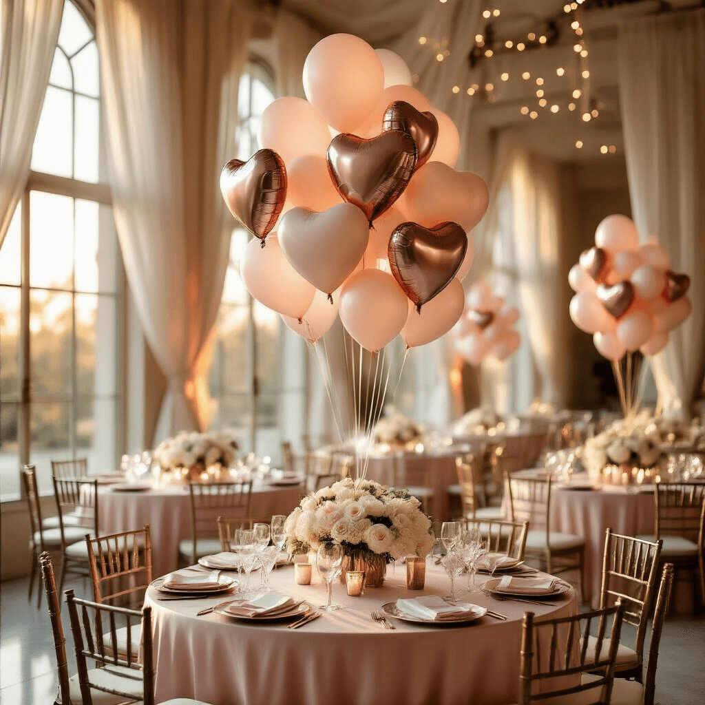 Balloons with Pictures: The Ultimate Personalized Party Decor Guide Photorealistic wide-angle shot of an elegant ballroom at golden hour, featuring a centerpiece of floating Mylar balloons with family portraits, surrounded by round tables with blush pink silk linens, crystal glassware, and rose gold centerpieces, all illuminated by soft sunlight streaming through tall windows.