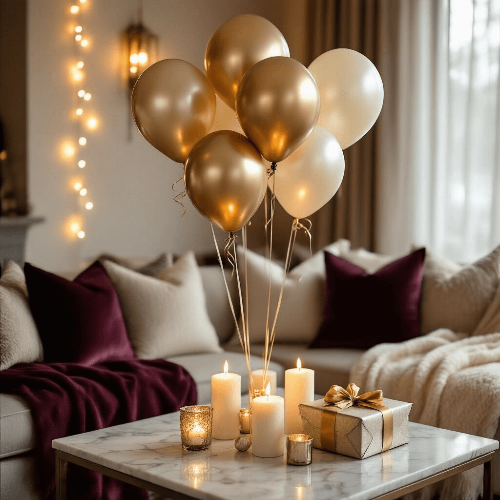 Balloons with Pictures: The Ultimate Personalized Party Decor Guide A cozy living room set for an anniversary celebration, featuring metallic gold and ivory photo balloons on a marble coffee table, soft candlelight casting shadows on plush textiles, and a gift table adorned with custom party favors wrapped in gold ribbon, all illuminated by warm string lights.
