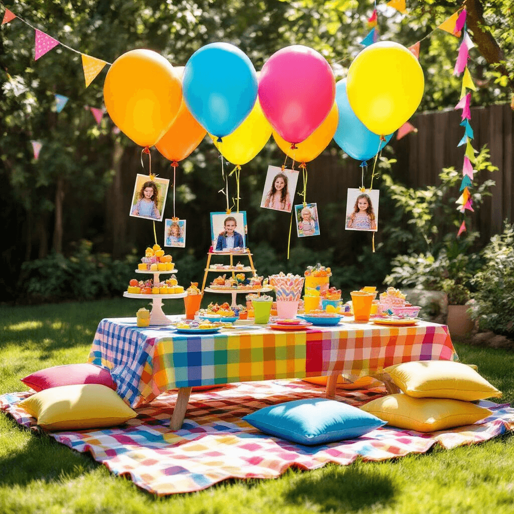 Balloons with Pictures: The Ultimate Personalized Party Decor Guide A vibrant backyard children's party setup featuring colorful latex balloons, a dessert cart, and picnic-style seating with bright cushions and checked blankets, all under the midday sun, creating lively shadows on the grass.