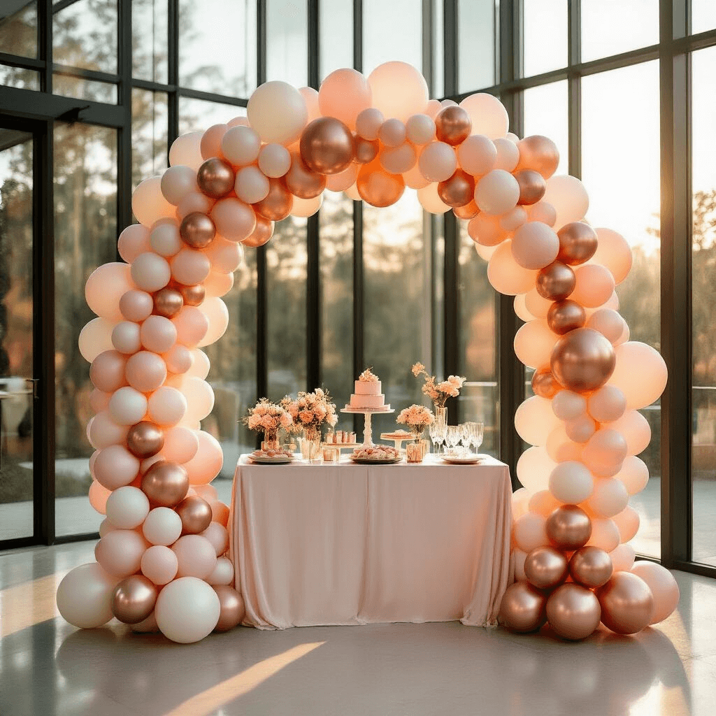 How to Create the Perfect Balloon Arch: A Complete Guide for Stunning Event Decor A stunning organic balloon arch in blush pink, cream, and rose gold graces a modern glass-walled event space during golden hour, framing an elegant dessert table with marble countertops and crystal glassware, illuminated by soft sunlight and woven fairy lights.