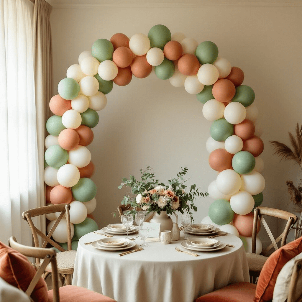 How to Create the Perfect Balloon Arch: A Complete Guide for Stunning Event Decor An intimate baby shower setup in a cozy living room with a sage green, ivory, and terracotta balloon arch, cream walls, and natural light filtering through sheer curtains, featuring round tables with linen tablecloths, eucalyptus centerpieces, and a gift table adorned with personalized signage.