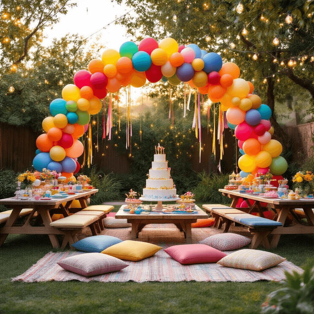 How to Create the Perfect Balloon Arch: A Complete Guide for Stunning Event Decor Aerial view of a whimsical children's birthday party in a stylish backyard featuring a vibrant rainbow balloon arch, low picnic tables with colorful linens, floor cushions, and a tiered birthday cake, all adorned with twinkling fairy lights and festive decorations.
