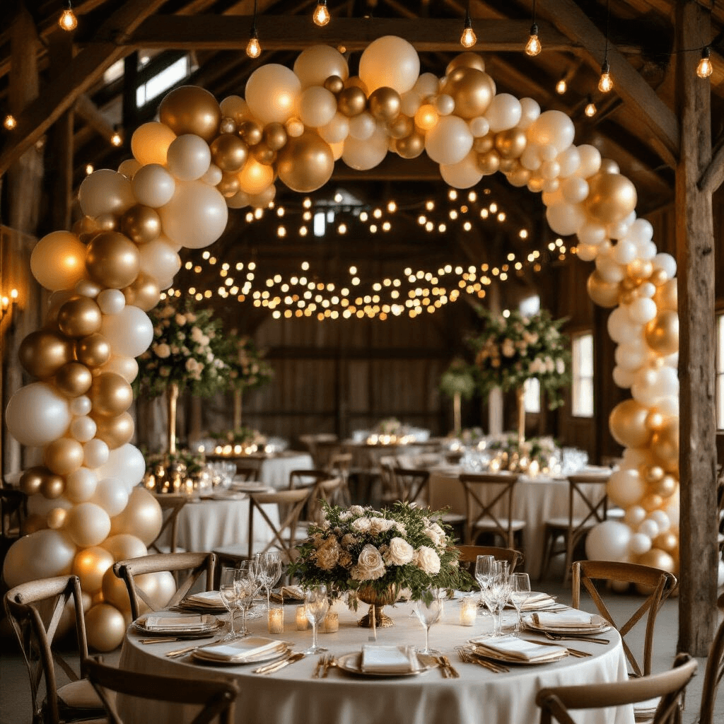 How to Create the Perfect Balloon Arch: A Complete Guide for Stunning Event Decor An elegant wedding reception in a rustic barn with a metallic balloon arch in champagne, gold, and ivory, surrounded by warm Edison bulb fairy lights, round tables with silk runners and gold rimmed glassware, and lush floral centerpieces, all highlighting modern rustic elegance.