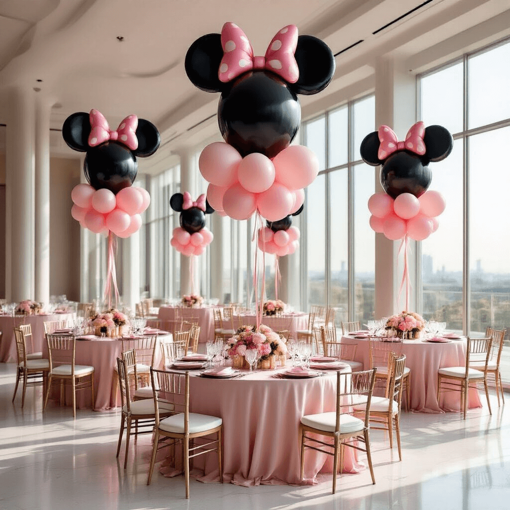 Magical Minnie Mouse Balloons: The Ultimate Party Decor Guide A photorealistic wide-angle view of a stylish indoor party setup, featuring large Minnie Mouse AirWalker balloons as centerpieces, blush pink silk table linens, and soft morning light streaming through floor-to-ceiling windows in a modern living room.