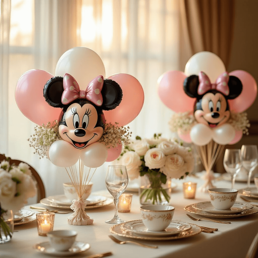 Magical Minnie Mouse Balloons: The Ultimate Party Decor Guide Intimate close-up of elegant Minnie Mouse balloon bouquets as table centerpieces in a cozy dining nook, illuminated by golden hour light. The arrangements feature glossy foil balloons and matte latex rounds in pink and white, accompanied by vintage china place settings, gold-rimmed glassware, and fresh white peonies, all set on cream linen tablecloths.
