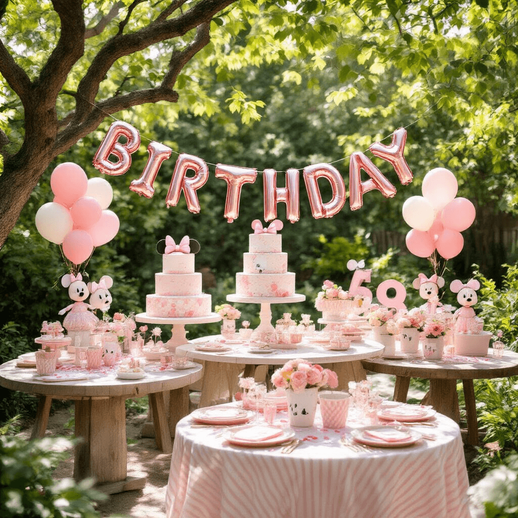 Magical Minnie Mouse Balloons: The Ultimate Party Decor Guide Overhead flat lay of a whimsical Minnie Mouse birthday celebration in a bright garden, featuring tiered tables with custom number balloons, blush pink and cream striped linens, rose gold confetti, and coordinating tableware under dappled sunlight.