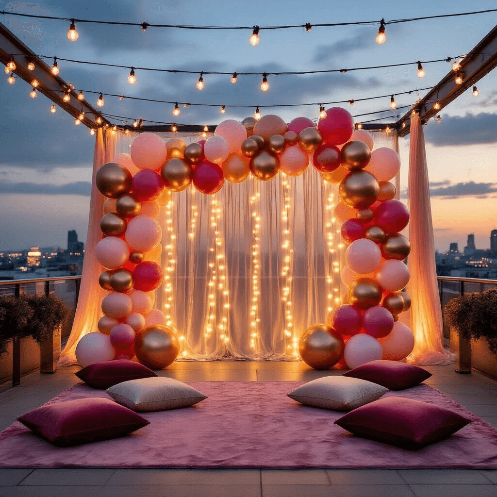 Magical Minnie Mouse Balloons: The Ultimate Party Decor Guide Cinematic view of a rooftop terrace adorned with a Minnie Mouse balloon wall, illuminated by fairy lights, featuring pink and ivory velvet floor cushions, chiffon drapery, and a warm golden hour backdrop.