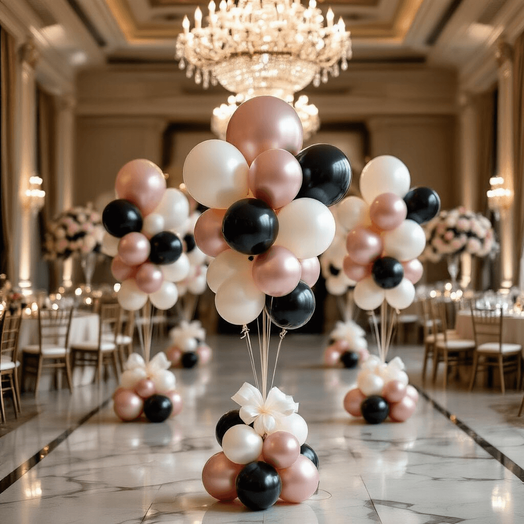 Magical Minnie Mouse Balloons: The Ultimate Party Decor Guide Luxurious Minnie Mouse balloon arrangements in an elegant ballroom, featuring dynamic heights and a refined color palette of dusty rose, ivory, and soft black. Crystal chandeliers reflect light on polished marble floors, while ambient candlelight and silk ribbons enhance the sophisticated decor.