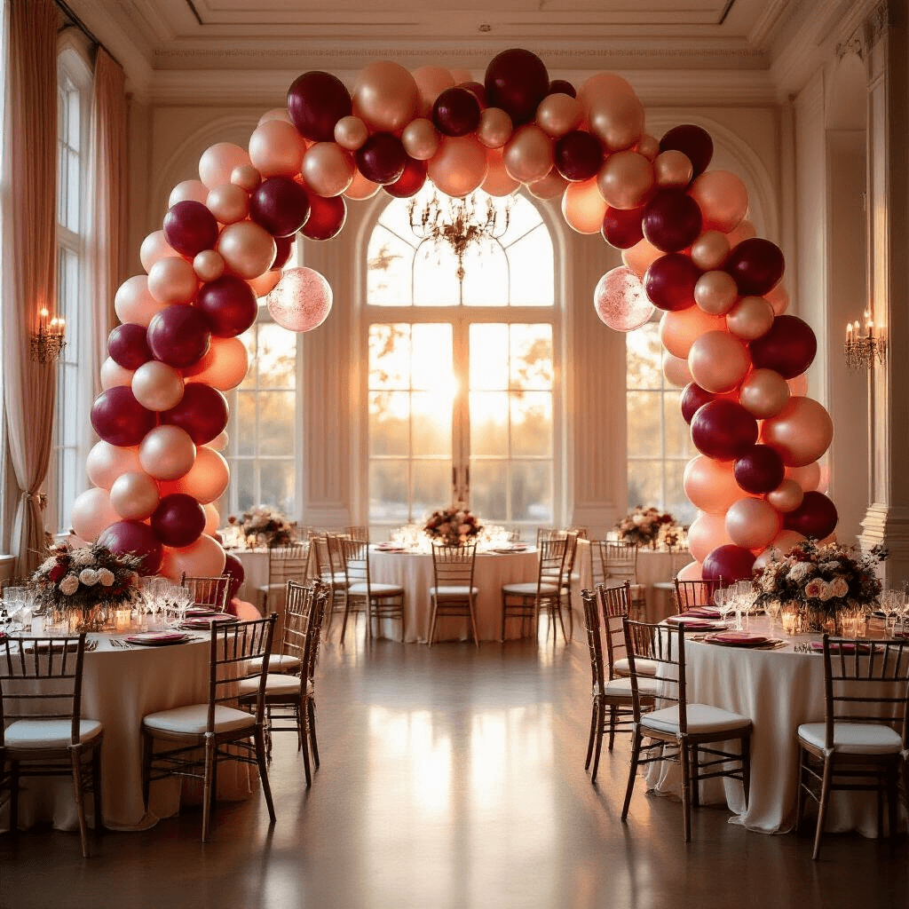 Enchanting Valentine's Balloon Decorations: A Complete Guide to Romantic Celebrations A romantic indoor ballroom adorned with a stunning balloon arch in deep burgundy, blush pink, and rose gold, illuminated by golden hour sunlight filtering through tall windows. Round tables with silk ivory linens and low floral centerpieces of red roses and baby's breath create an intimate atmosphere, enhanced by soft candlelight from crystal votives and sheer blush drapery framing the windows.
