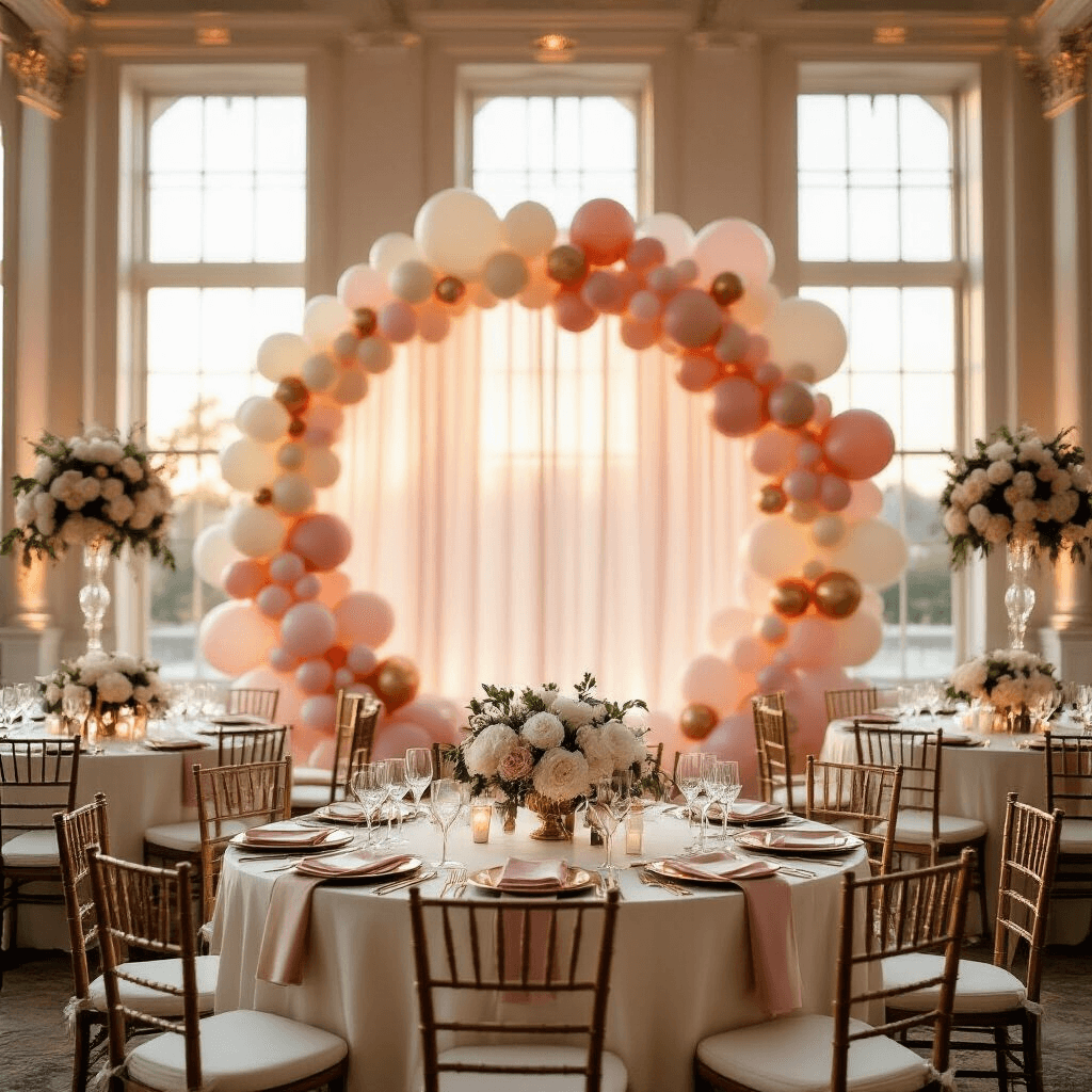Circle Balloon Backdrop: The Ultimate Guide to Stunning Event Decor Cinematic shot of an elegant ballroom at golden hour, featuring a large blush pink, cream, and rose gold balloon backdrop behind ivory-draped tables with crystal glassware, fairy lights, floral centerpieces, and romantic candle groupings, as guests mingle in soft focus.
