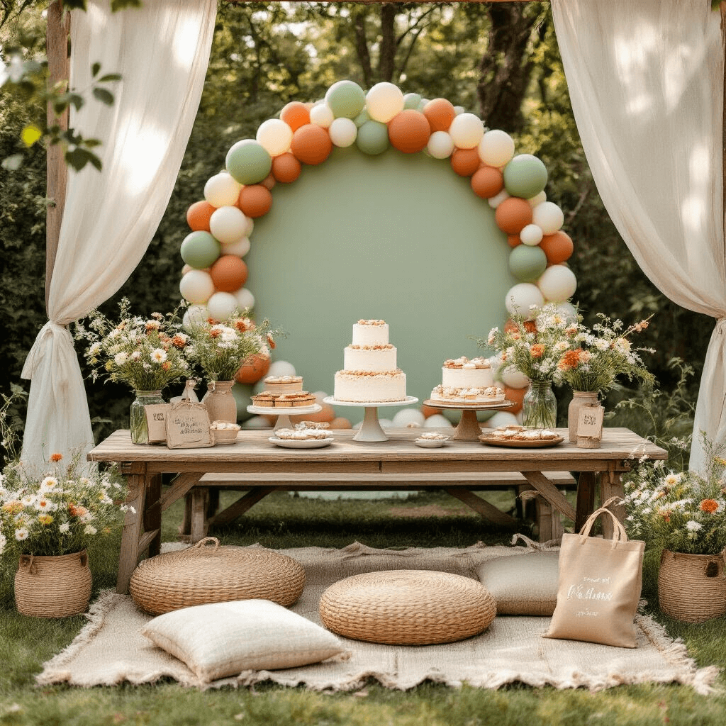 Circle Balloon Backdrop: The Ultimate Guide to Stunning Event Decor Overhead view of a whimsical garden party setup with a balloon backdrop in sage green, terracotta, and cream, featuring a rustic wooden dessert table with tiered cakes on vintage ceramic stands, low picnic seating with woven cushions, wildflower arrangements in mason jars, sheer ivory drapery, personalized wooden signage, and burlap party favors, all bathed in soft morning light.