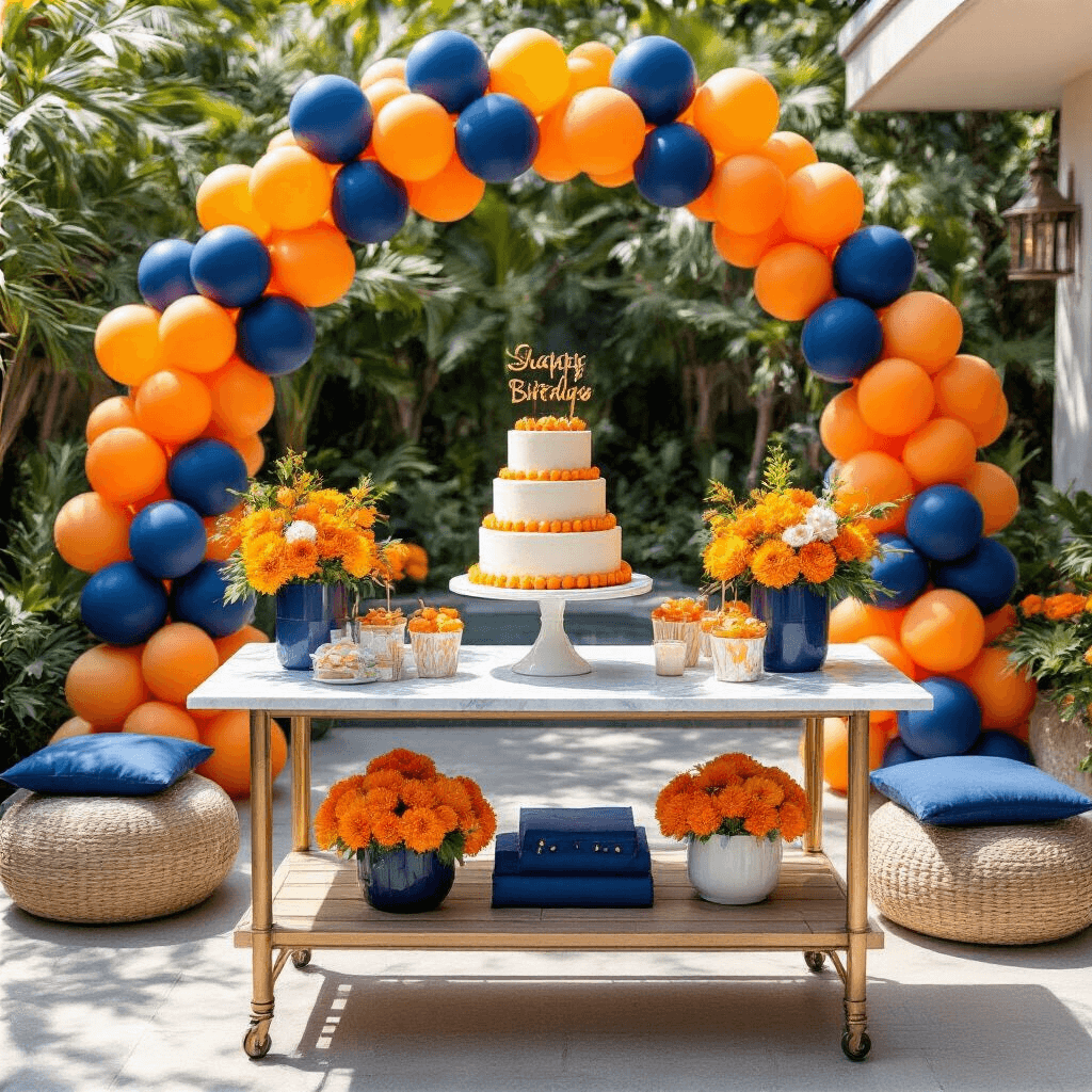 Orange Balloons: The Ultimate Event Styling Guide for Unforgettable Celebrations Overhead view of a stylish modern backyard terrace decorated for a summer birthday celebration, featuring a vibrant dessert cart with a three-tier cake, bright orange and navy blue balloon clusters, tropical flowers, and coordinated party favors on a low table with floor cushions, all framed by colorful balloon arches.