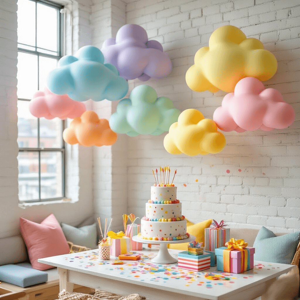Cloud Balloons: The Ultimate Guide to Creating Dreamy, Magical Event Decor Close-up of a vibrant kids' birthday party in a modern apartment with pastel rainbow cloud balloon installations, a tiered cake, colorful party goods, and sunlight streaming through windows.