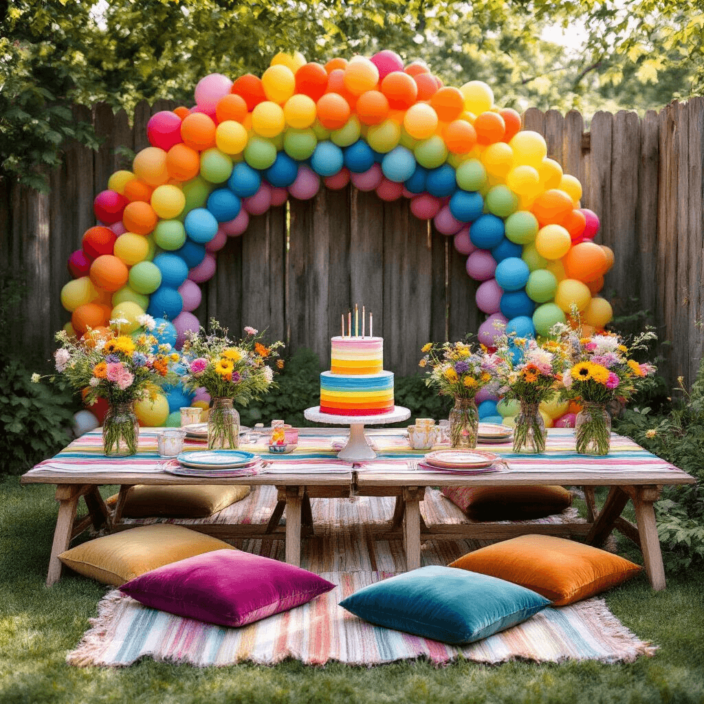 Balloon Backgrounds: The Ultimate Guide to Creating Stunning Event Backdrops Overhead view of a whimsical garden party setup with colorful striped picnic tables, plush jewel-toned cushions, a three-tiered rainbow birthday cake, and wildflower arrangements in mason jars, all against a backdrop of vibrant balloons and rustic wooden fence.