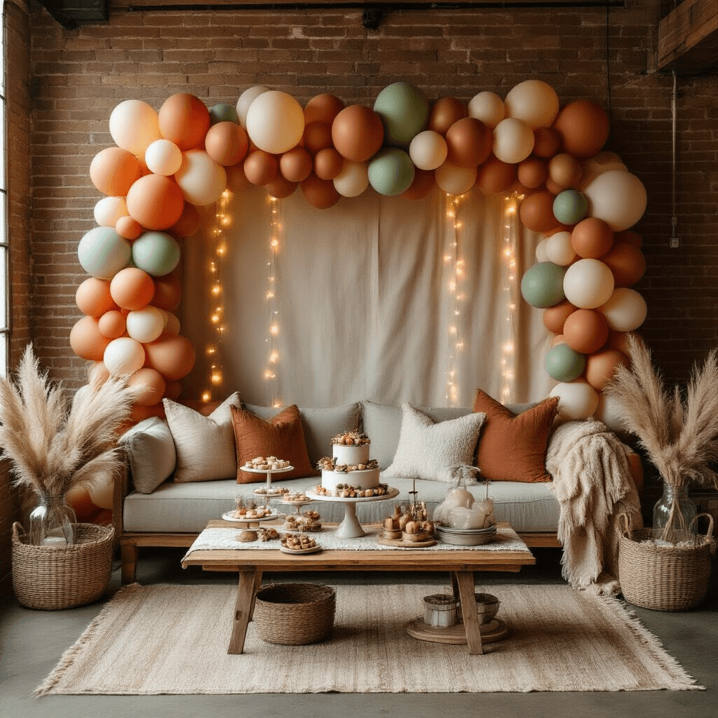 Balloon Backgrounds: The Ultimate Guide to Creating Stunning Event Backdrops A cozy living room adorned for an intimate celebration, featuring a DIY terracotta, sage green, and cream balloon backdrop, warm fairy lights, and a low wooden coffee table styled with textured runners, surrounded by eclectic throw pillows and blankets in earth tones. Tiered cake stands with desserts and mason jar centerpieces filled with dried pampas grass enhance the rustic charm.