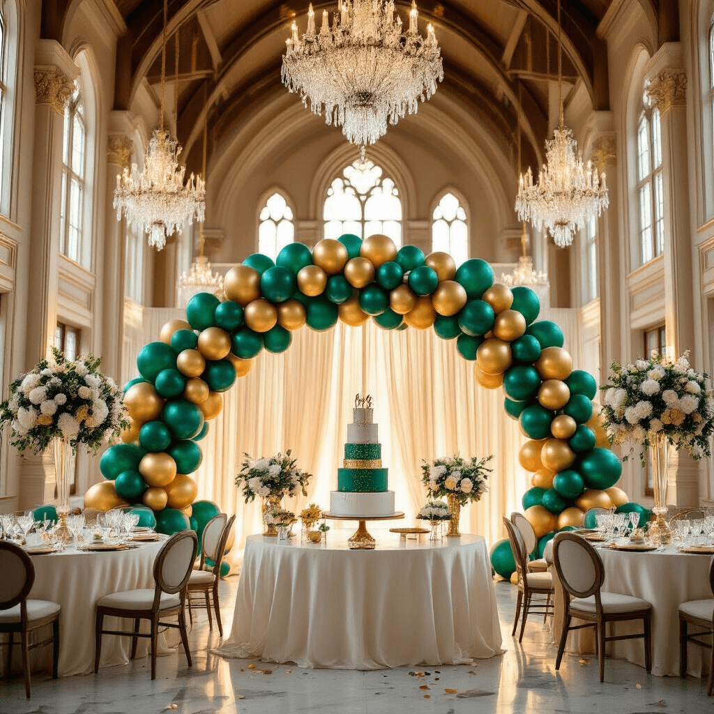 Ultimate Guide to Happy Birthday Balloon Decorations: Elevate Your Party Game An elegant indoor ballroom featuring soaring cathedral ceilings and crystal chandeliers, adorned with a jewel-toned balloon garland arch behind the birthday cake table, illuminated by golden hour sunlight streaming through tall windows, highlighting silk ivory linens and marble dessert stations, with round tables decorated with balloon bouquets and fresh white florals.
