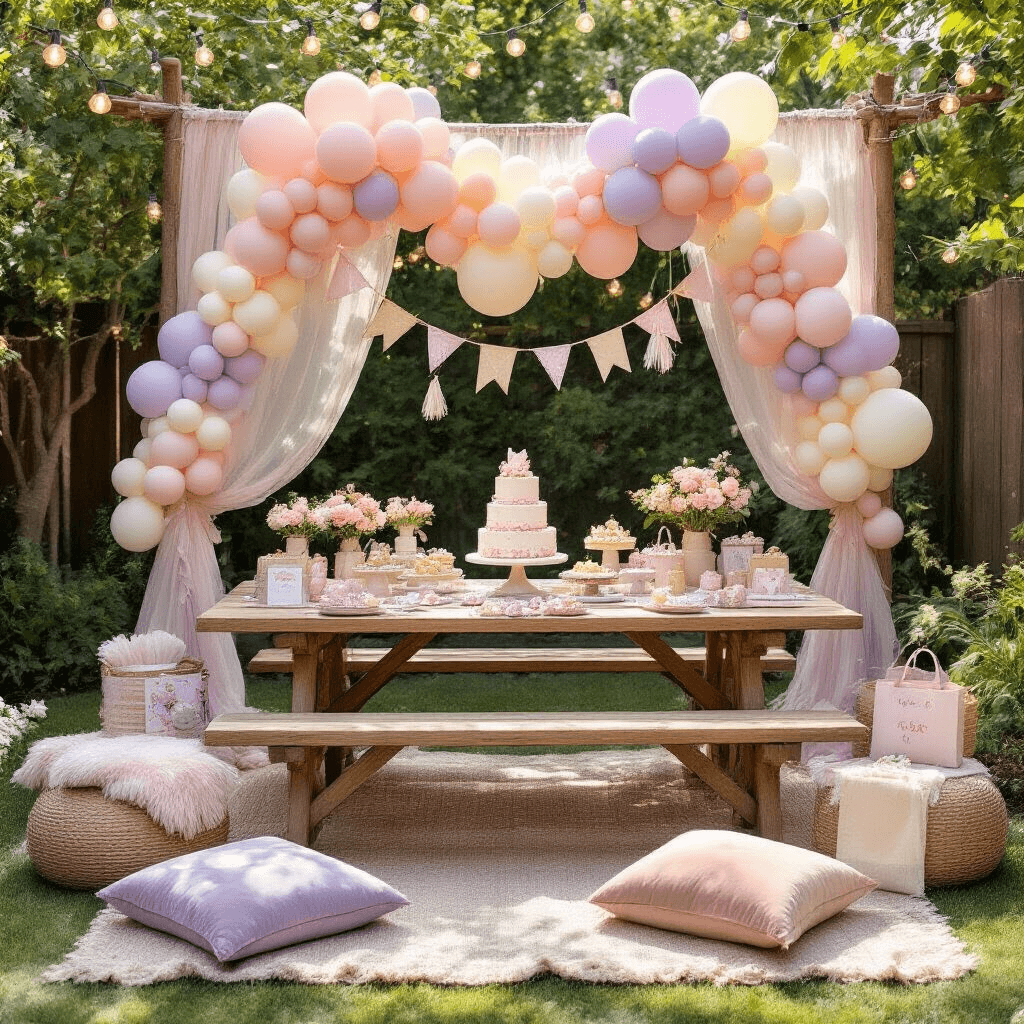 Ultimate Guide to Happy Birthday Balloon Decorations: Elevate Your Party Game Whimsical children's birthday party setup in a stylish backyard garden with pastel balloon clusters, a rustic picnic table, tiered cake display, and low cushioned seating areas, all illuminated by midday sun and string lights.