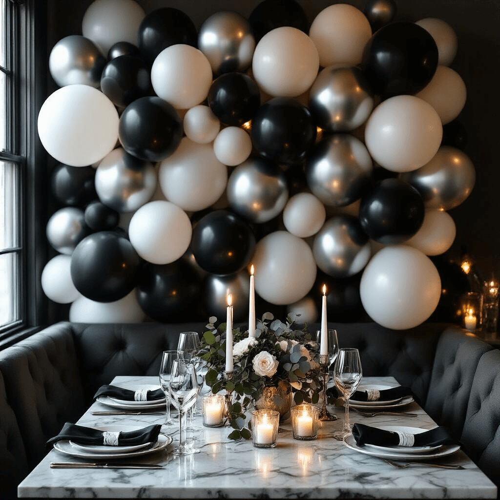 Ultimate Guide to Happy Birthday Balloon Decorations: Elevate Your Party Game Cinematic close-up of an intimate dining nook for an adult birthday celebration, featuring a dramatic monochrome balloon wall in black, white, and silver. The ambiance is candlelit with flickering votives and fairy lights, casting moody shadows on marble countertops and silk table runners. The scene shows layered balloon textures with elegant place settings, crystal stemware, and fresh eucalyptus garlands among the balloon clusters, all in a modern apartment setting.
