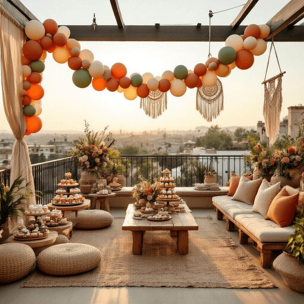 Ultimate Guide to Happy Birthday Balloon Decorations: Elevate Your Party Game Wide-angle view of a boho chic rooftop terrace birthday party at golden hour, featuring organic balloon garlands in terracotta, sage green, and cream, draped across iron railings and wooden archways, with textured linen table coverings, woven floor cushions, tiered dessert carts, macrame wall hangings, vintage ceramics, and custom signage in earth tones.
