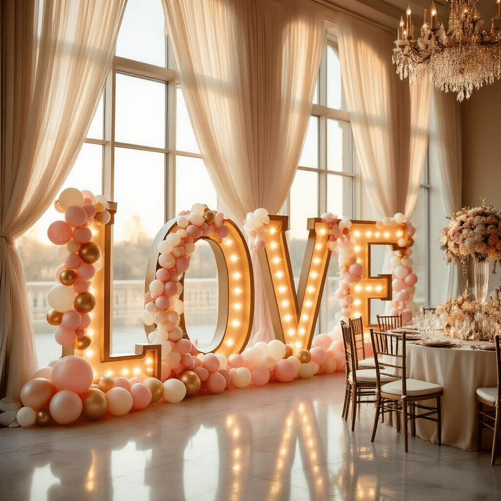 Marquee Letters with Balloons: The Ultimate Event Decor Showstopper Elegant indoor ballroom during golden hour with marquee letters spelling 'LOVE' adorned with cascading balloon garlands in blush pink, cream, and gold. Soft sunlight filters through tall windows, illuminating silk ivory linens on round tables, with crystal glassware and floral centerpieces. Marble floors reflect ambient lighting, while sheer drapery enhances the dramatic backdrop.