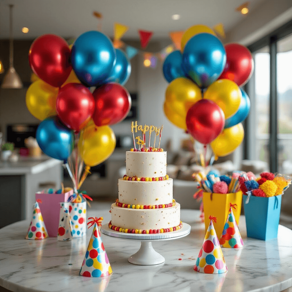 Metallic Balloons: The Ultimate Guide to Stunning Event Decor and Photography Close-up detail of a whimsical children's birthday celebration featuring colorful metallic balloons, a three-tiered birthday cake on a marble countertop, and vibrant decorations including streamers, party hats, and favor bags, all illuminated by soft box lighting.