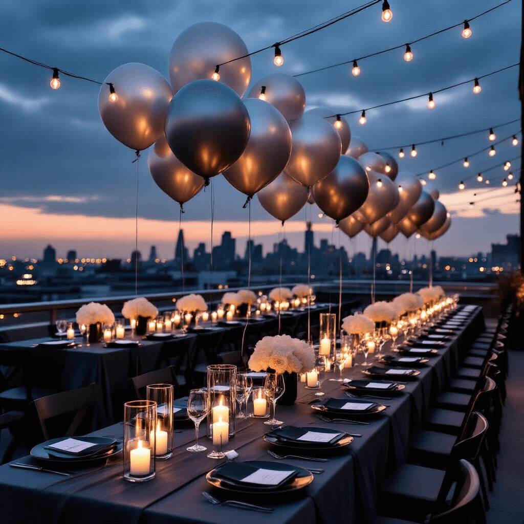Metallic Balloons: The Ultimate Guide to Stunning Event Decor and Photography Moody evening rooftop terrace celebration featuring metallic balloons, elegant long tables with silk runners, candles, and a cityscape backdrop, illuminated by ambient string lights.