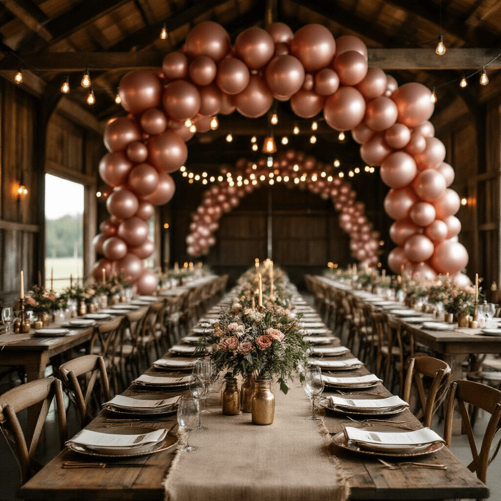 Metallic Balloons: The Ultimate Guide to Stunning Event Decor and Photography Cinematic wide shot of a rustic barn venue illuminated by candlelight, featuring dusty rose and antique bronze balloons, wooden farm tables with burlap runners, vintage brass candelabras, and mason jar centerpieces, all set under warm string lights and exposed beams for an intimate atmosphere.