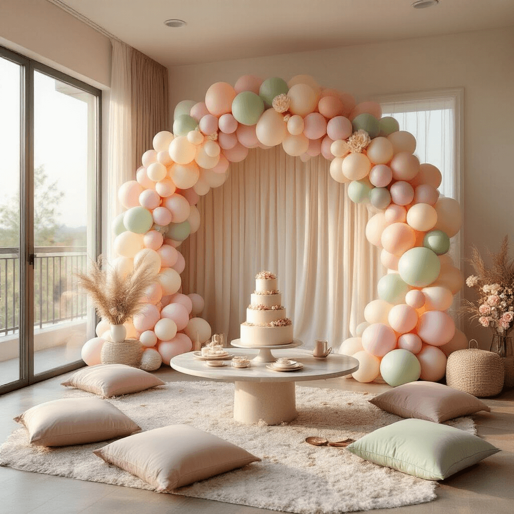 First Birthday Balloon Extravaganza: The Ultimate Guide to Magical Milestone Decor A photorealistic image of a modern apartment living room set for a first birthday celebration, featuring a pastel balloon arch, a tiered vanilla birthday cake, elegant table settings, and fairy lights, all illuminated by golden hour sunlight streaming through large windows.