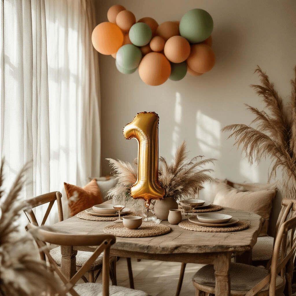 First Birthday Balloon Extravaganza: The Ultimate Guide to Magical Milestone Decor Intimate boho chic dining nook for a first birthday party, featuring a rustic wooden table with terracotta and sage green balloon bouquets, dried pampas grass, and eucalyptus, complemented by woven placemats, ceramic dishware, and velvet cushions. A matte gold custom number '1' balloon stands out among organic balloon clusters, with sheer linen curtains softly filtering morning light across layered textiles and succulent centerpieces in clay pots.