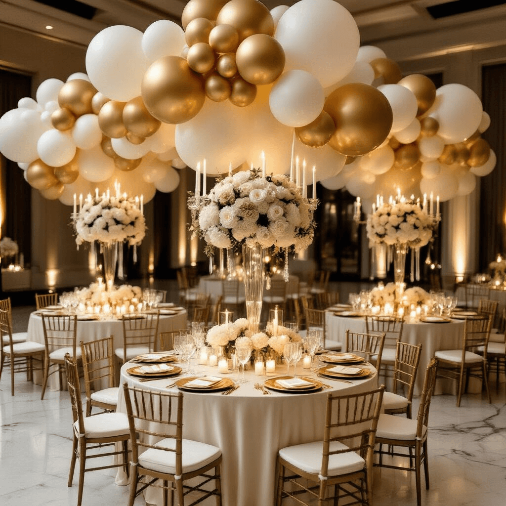 First Birthday Balloon Extravaganza: The Ultimate Guide to Magical Milestone Decor Elegant indoor ballroom setup for a luxury first birthday celebration, featuring round tables with ivory silk linens, gold charger plates, and crystal glassware, under soft candlelight and warm string lights, adorned with dramatic gold, cream, and champagne balloon installations, fresh white roses, and personalized calligraphy place cards, all set against polished marble floors.
