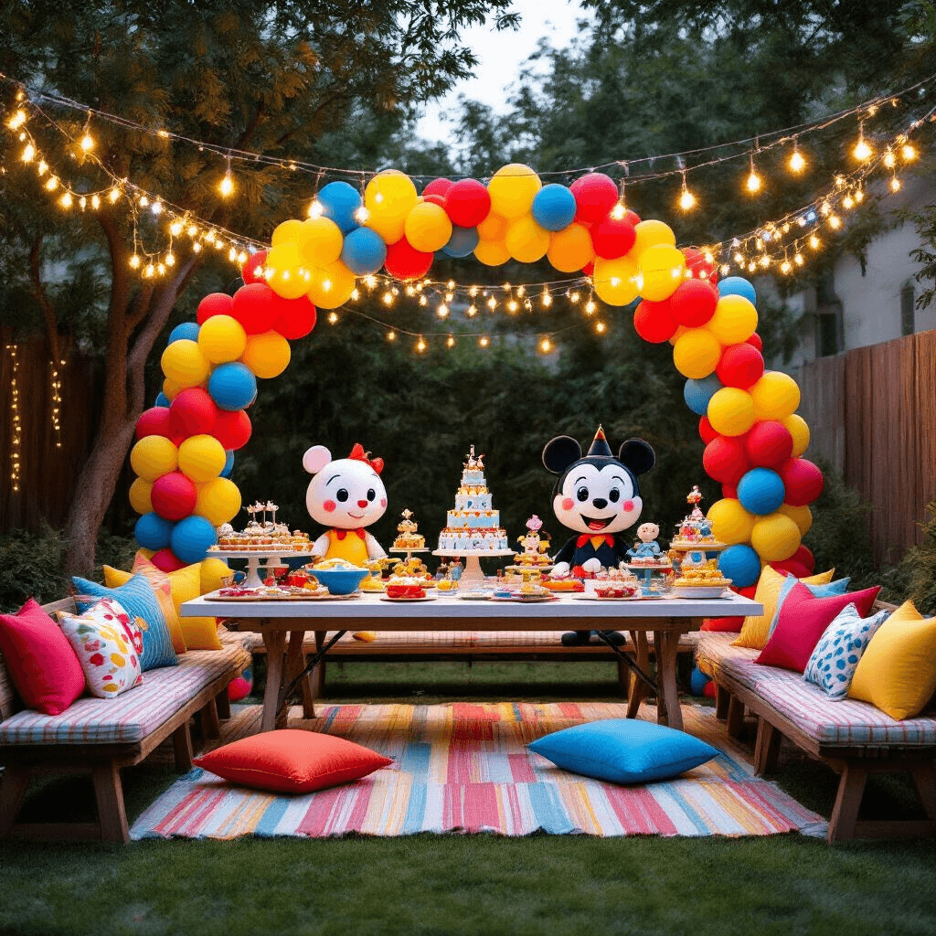 First Birthday Balloon Extravaganza: The Ultimate Guide to Magical Milestone Decor Whimsical first birthday party setup in a backyard with colorful dessert cart, vibrant balloons, picnic seating, themed tableware, string lights, balloon arches, and a tiered character-themed birthday cake.