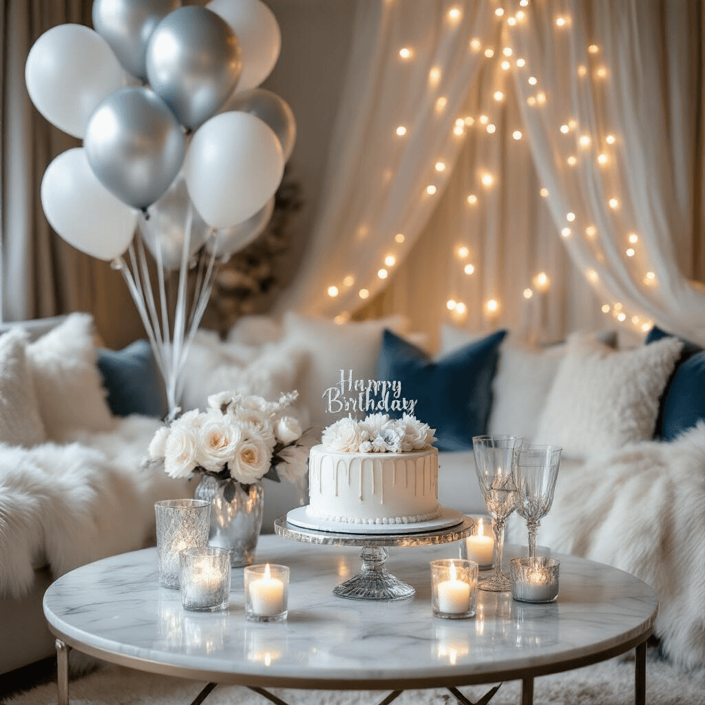 First Birthday Balloon Extravaganza: The Ultimate Guide to Magical Milestone Decor Detail shot of a cozy winter wonderland first birthday celebration with silver, white, and pale blue balloons, a luxurious cake on a crystal stand, and warm candlelight ambiance in a stylish living room.